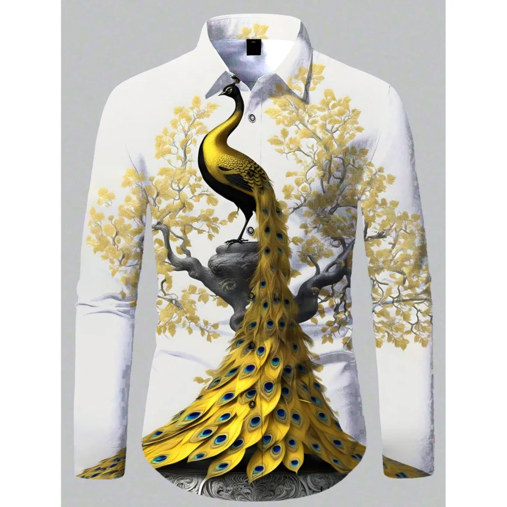 

2026 New Peacock Fashion Print Men's Long Sleeve Shirt Casual Party Street Hawaiian Polo Collar Shirt Polyester