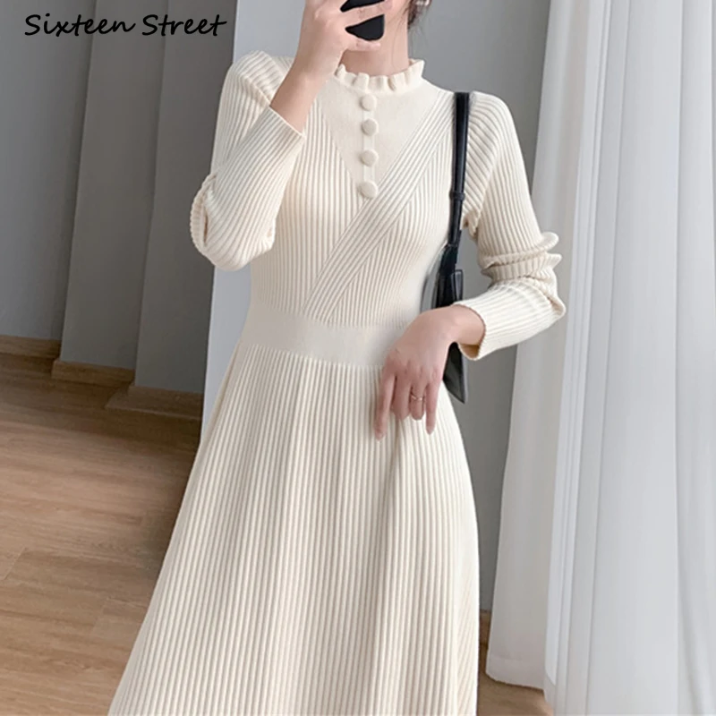 2023 Single-breasted Woolen Dress Women Fall Winter Business Sweater Dress Ladies Korean Business Elegant Warm Knitted Vestido