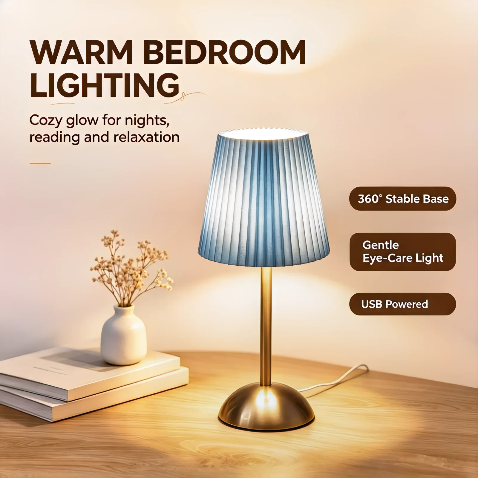 Teal Blue Pleated Fabric Shade USB Table Lamp, Elegant Gold Metal Base Decorative Desk Lamp, USB Control Bedside Lamp for Bedroo view 6