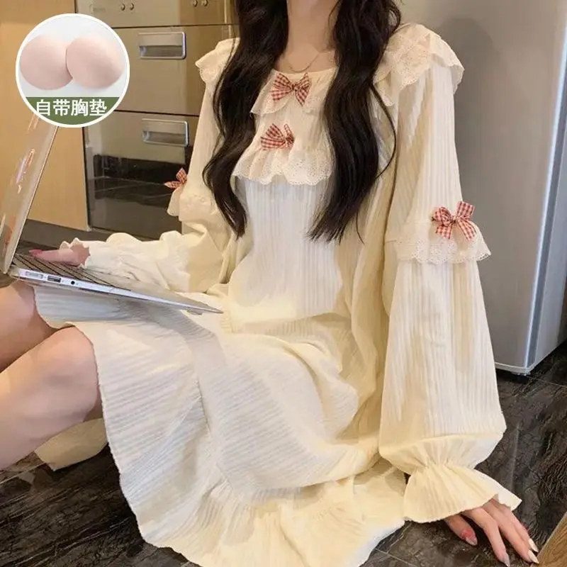 White Nightdress Bow Night Dress Women Lolita Sleepwear Princess Ladies Victorian Vintage Nightgowns Peignoirs Girl Lounge Wear