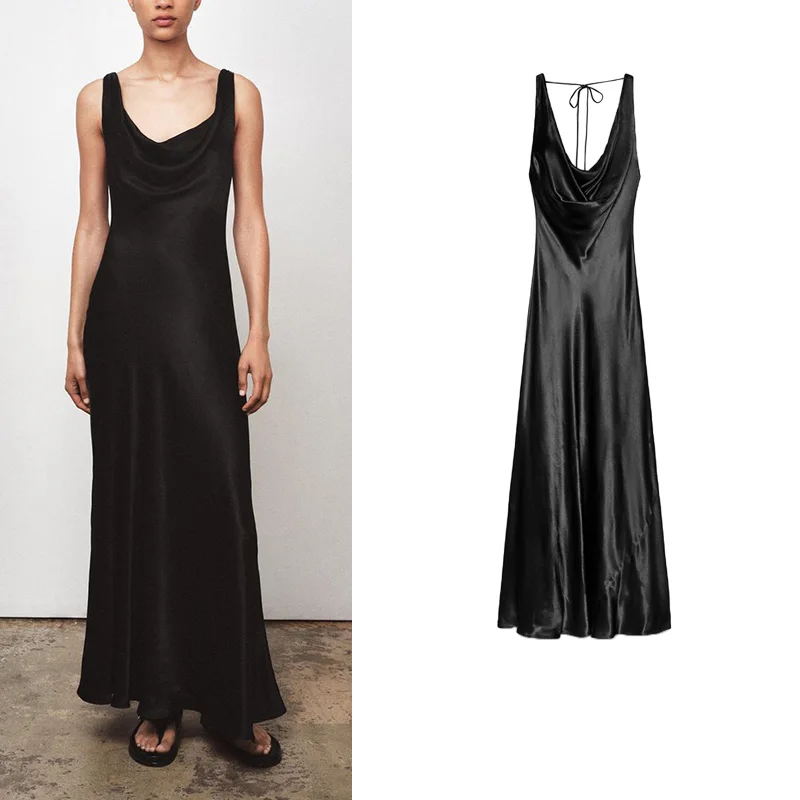 Novo Vestido Longo de Seda Satin para Mulheres, Estilo Saia em A, Decote Redondo, Psado, Cintura Alta, Sem Mangas, Adequad...