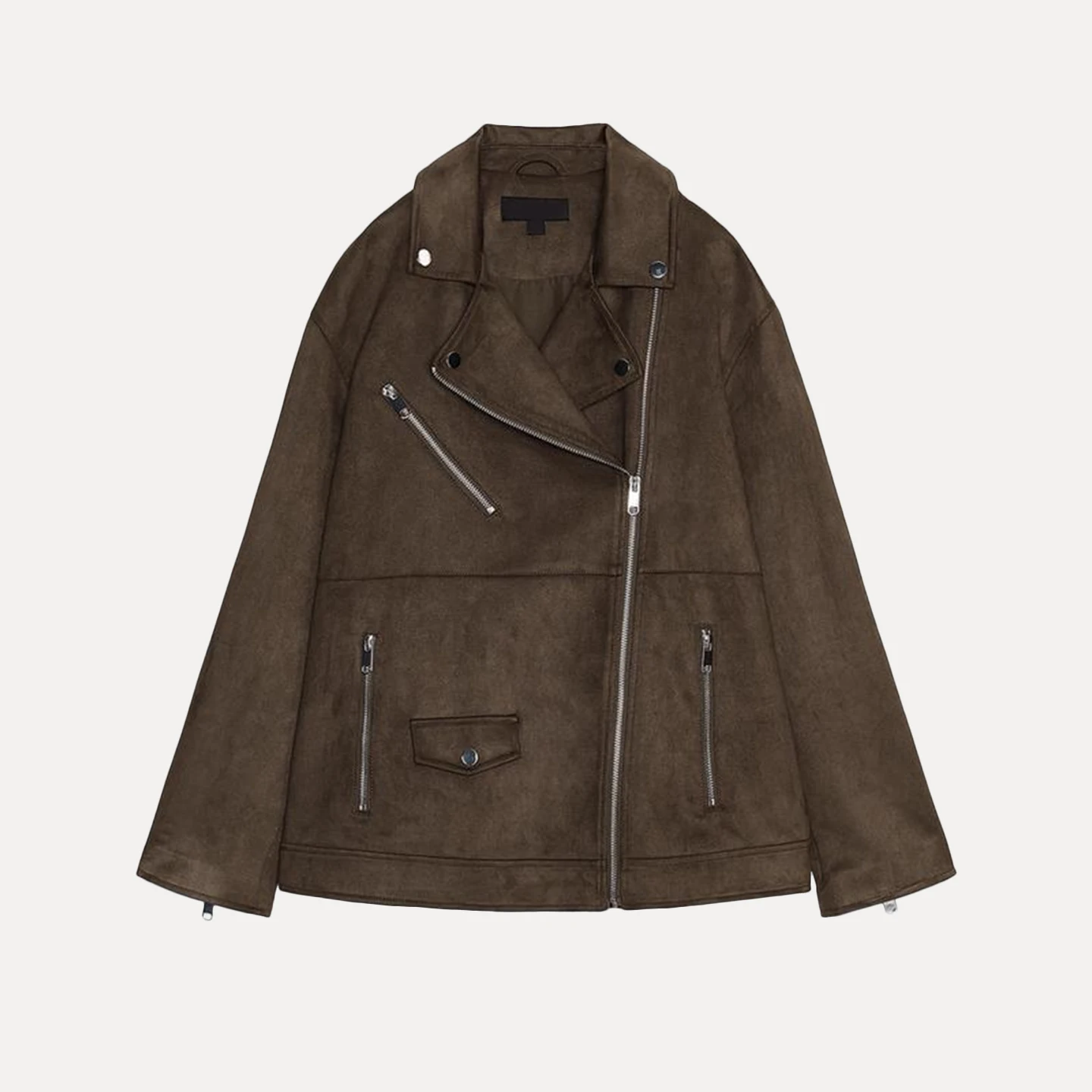 Modische Bikerjacke für Damen aus Wildlederimitat, Herbst-Neuheit mit Reißverschluss, Langarm und Anzugkragen