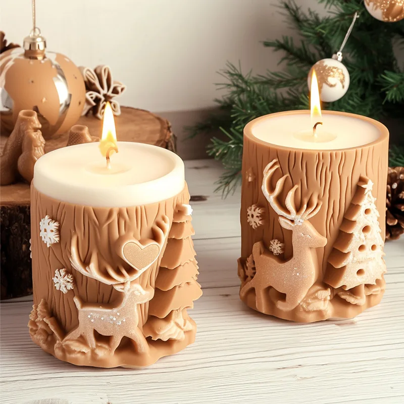 Elk Spotted Deer Relief Cylindrical Candle Silicone Mold Christmas Tree Candle Mould Christmas Decor Diy Candle Molds Xmas Gift