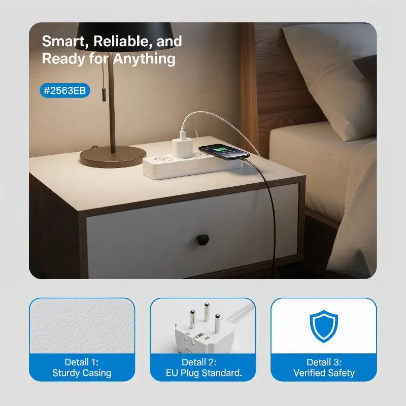 Home and Office Schuko Power Strip 3-Outlet with 7-Hole Extension Cord for Reliable Electronics Power Supply