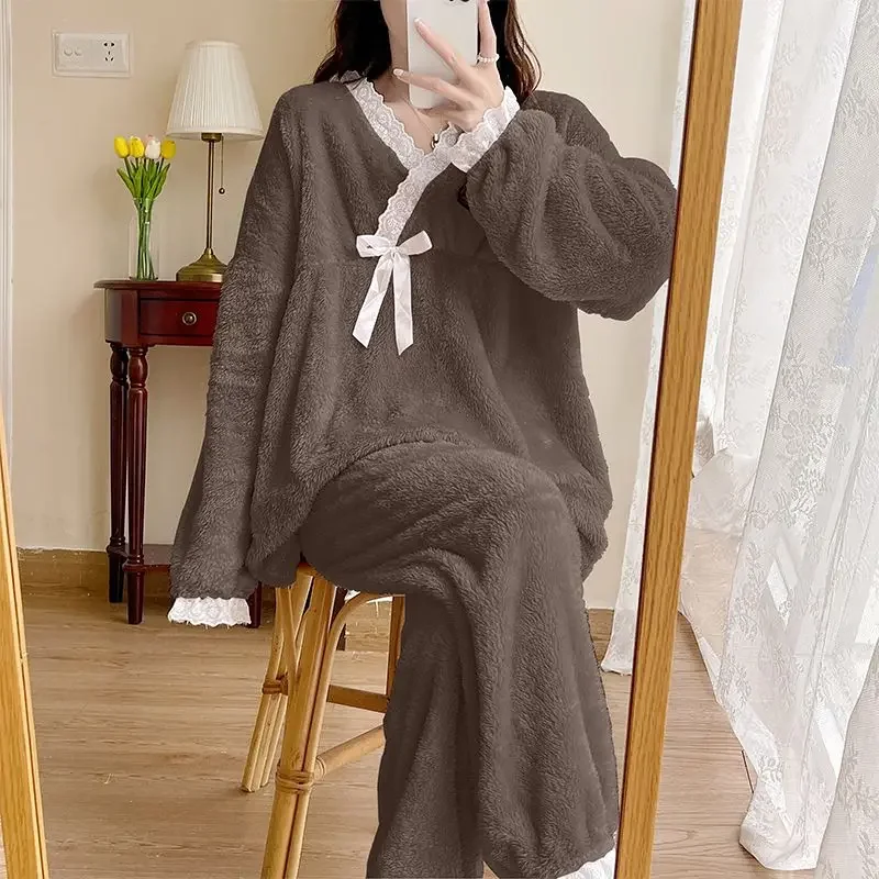 

2023 New Velvet Household Clothes Set Oversized Loose Skinny Flannel Pajamas Women Autumn Winter Coral