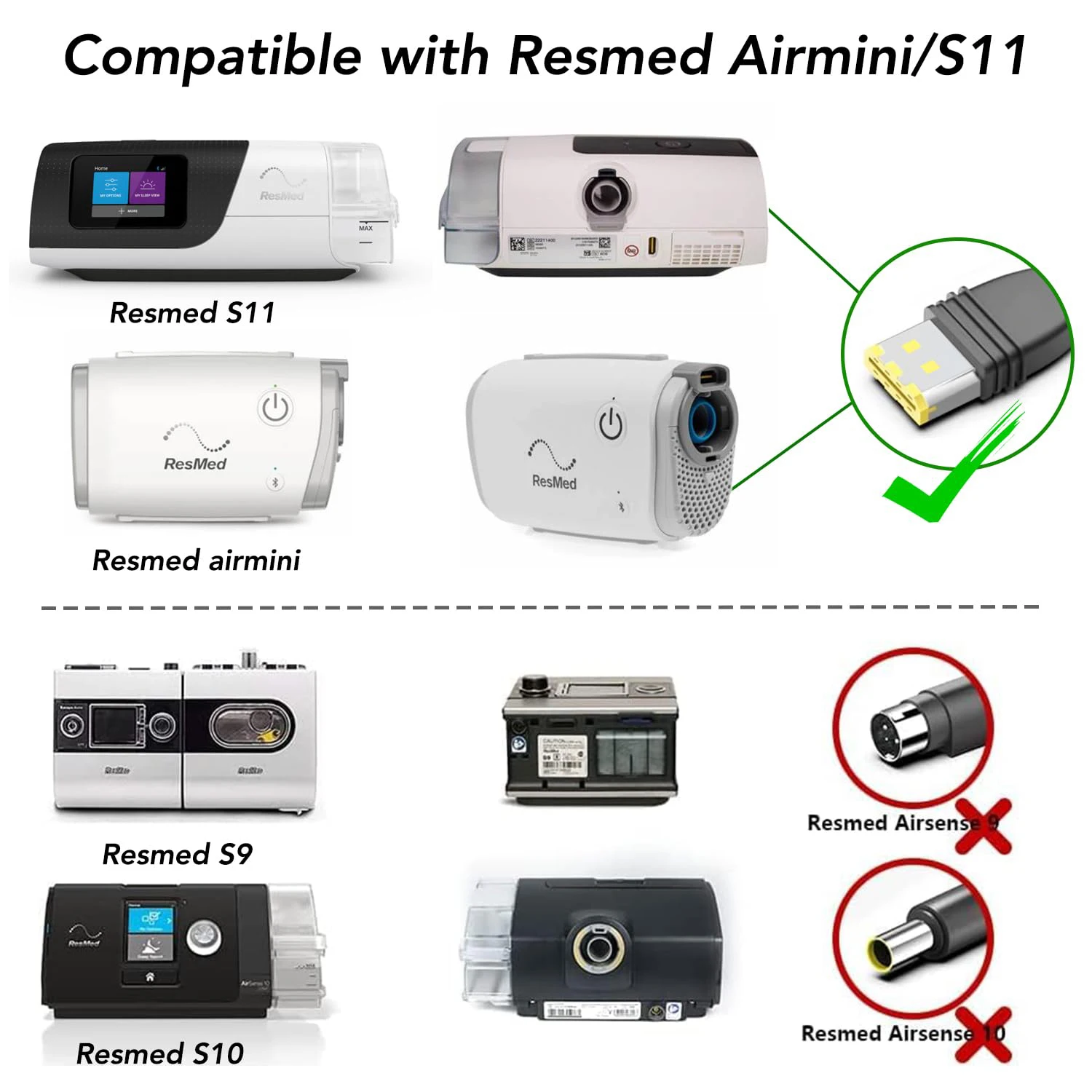 Airsense 11 Power Cord DC24V, 5.5mm Cable for ResMed S11 390000 AirMini CPAP, Medistrom Safari LT 240, Power Station Backup Use