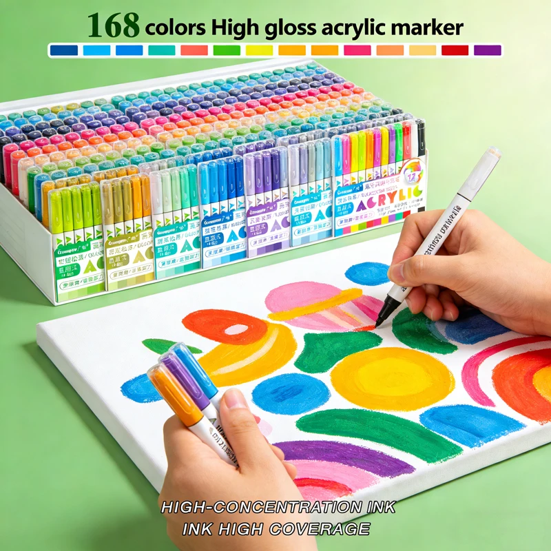 168/12 Colors High Gloss Acrylic Marker Set - Premium Direct Liquid Paint Pens for Painting, Hand Lettering & DIY Art Supplies