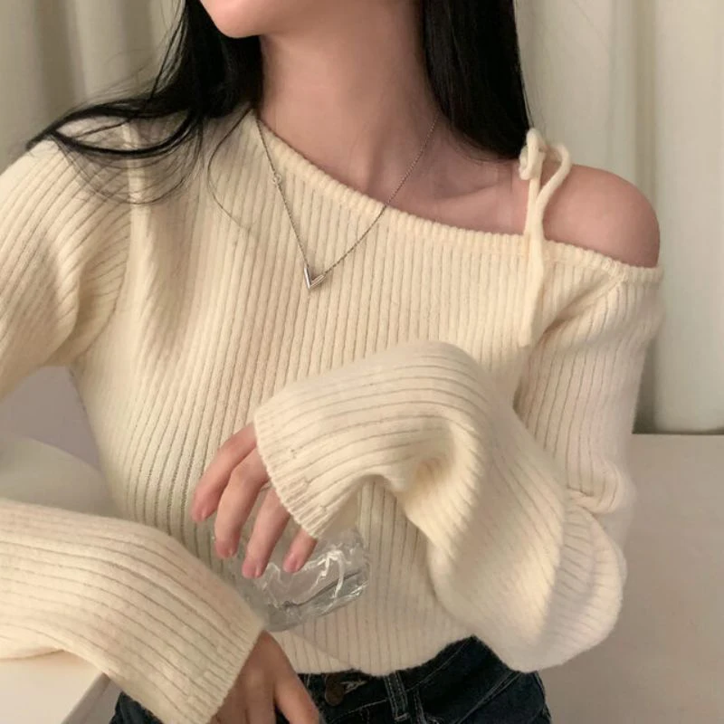 

Chic Winter Knitted Slim Fit oulder Bared Knot Asymmetrical Neline Sweater Ele Sle Long Sve Top for Women