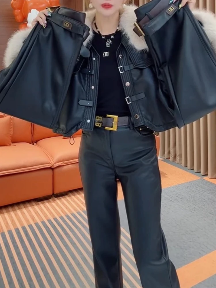 

Women Thickened Leather Pants Winter Fashion Y2k Brushed Warm High Waist Slim PU Coated Slacks Cropped Straight Boots Trousers