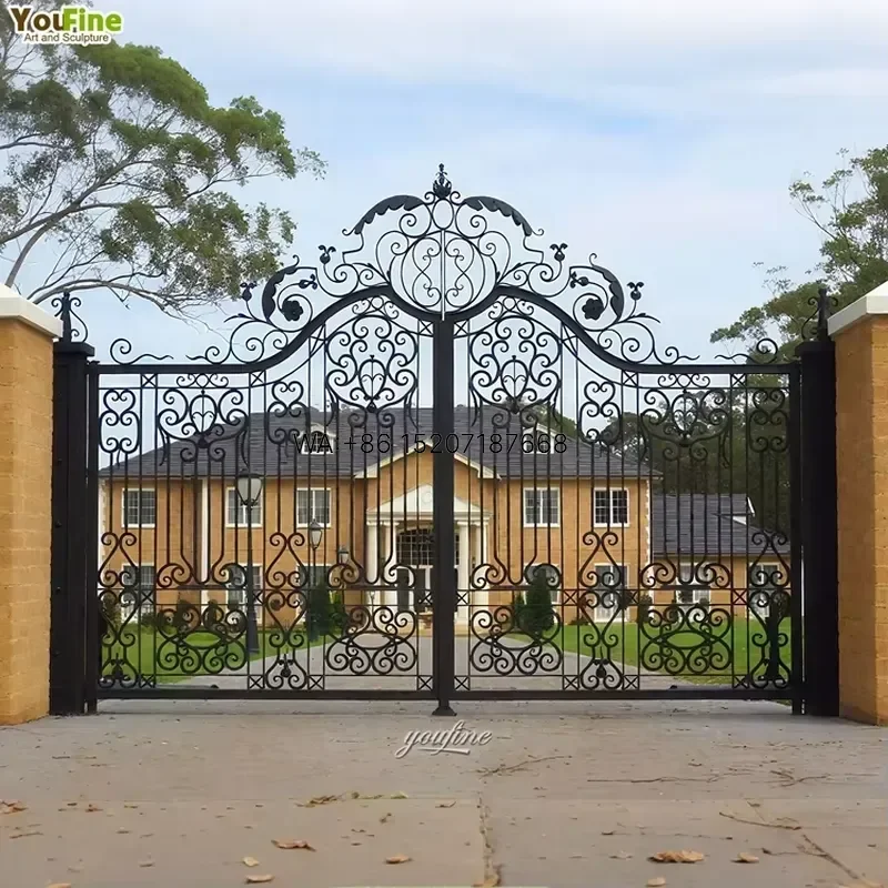 Wmwmnu for YouFine Hand Forged Wrought Iron Double Driveway Gate Custom Decorative Scrollwork Design for Luxury Villa Mansion
