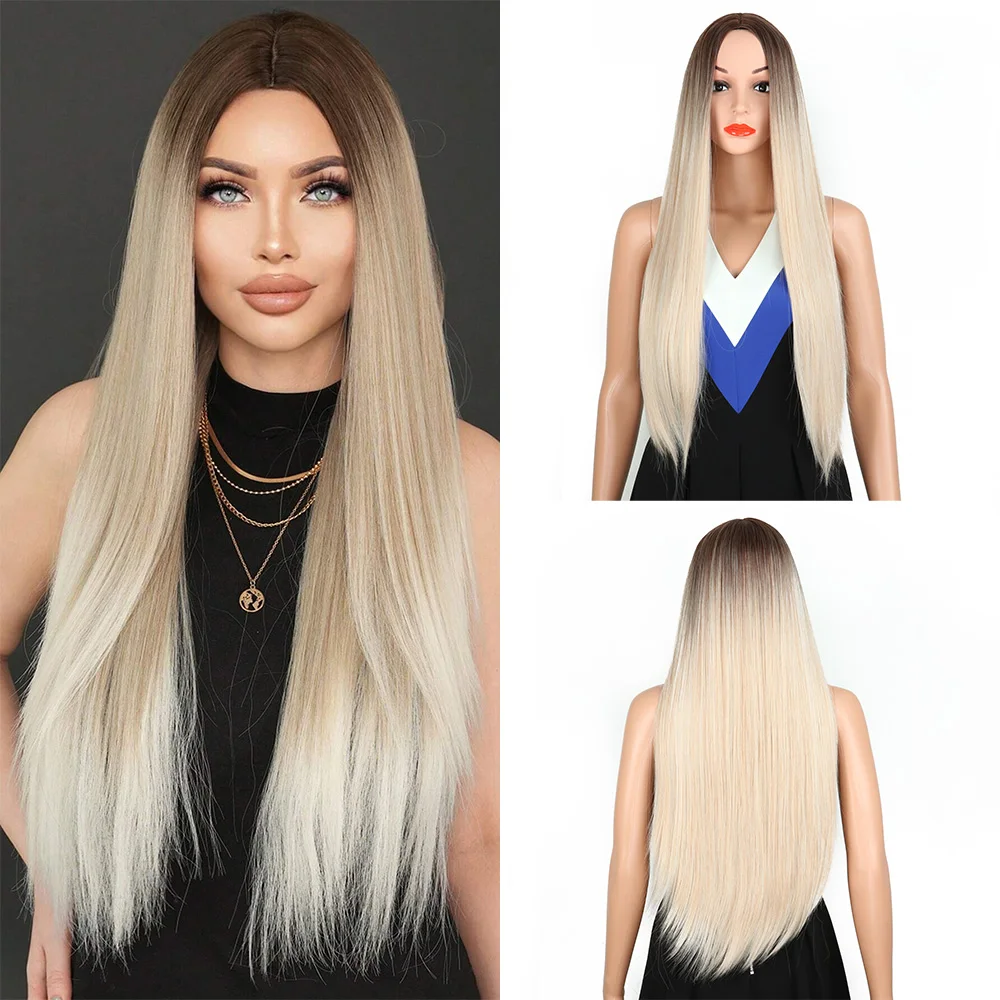 Perucas sintéticas retas longas com franja para mulheres, peruca cosplay, cabelo falso natural, ombre, marrom, loiro, alta temperatura