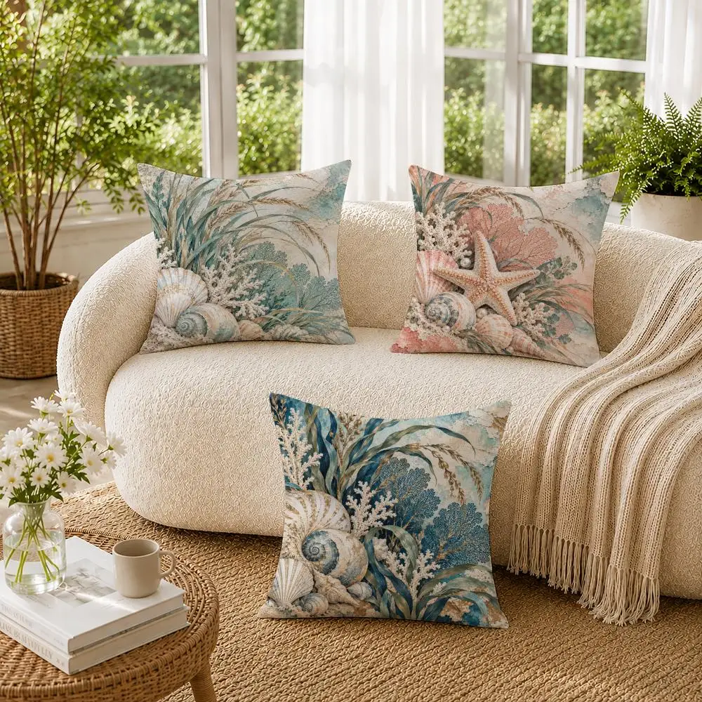 Beach Grass Seashell Cushion Cover Soft Short Plush Pillow Cases Hidden Zipper Cutecore Sofa Bedroom Home Decor Gift