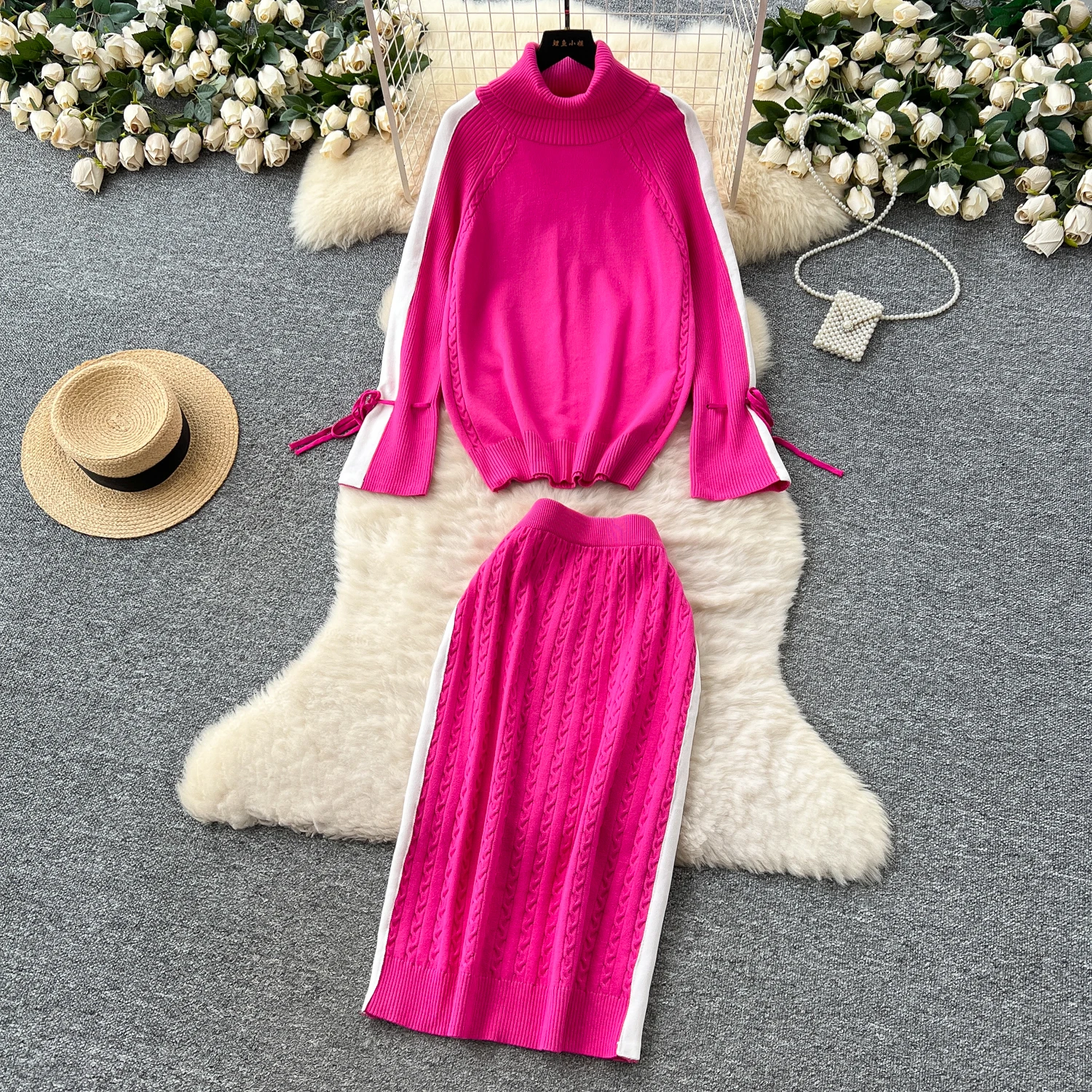 

Элегантное тонкое трикотажное однотонное платье для вечеринок и клубов, корейская модная женская одежда, церемониальные платья, комплект из двух предметов