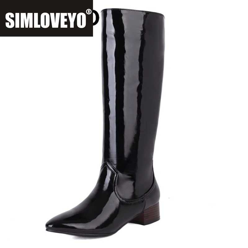 

SIMLOVEYO 2025 Роскошные блестящие женские сапоги до колена с острым носком на среднем каблуке 3,5 см без шнуровки большого размера 41 42 43 сексуальные женские свидания Bota
