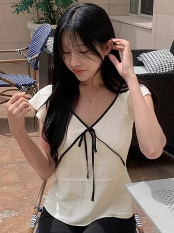 Retro V-ne Belted Loose Casual irt Summer New Sle Color Blo Fly Sve Women's Premium Sweater Online Exclusive