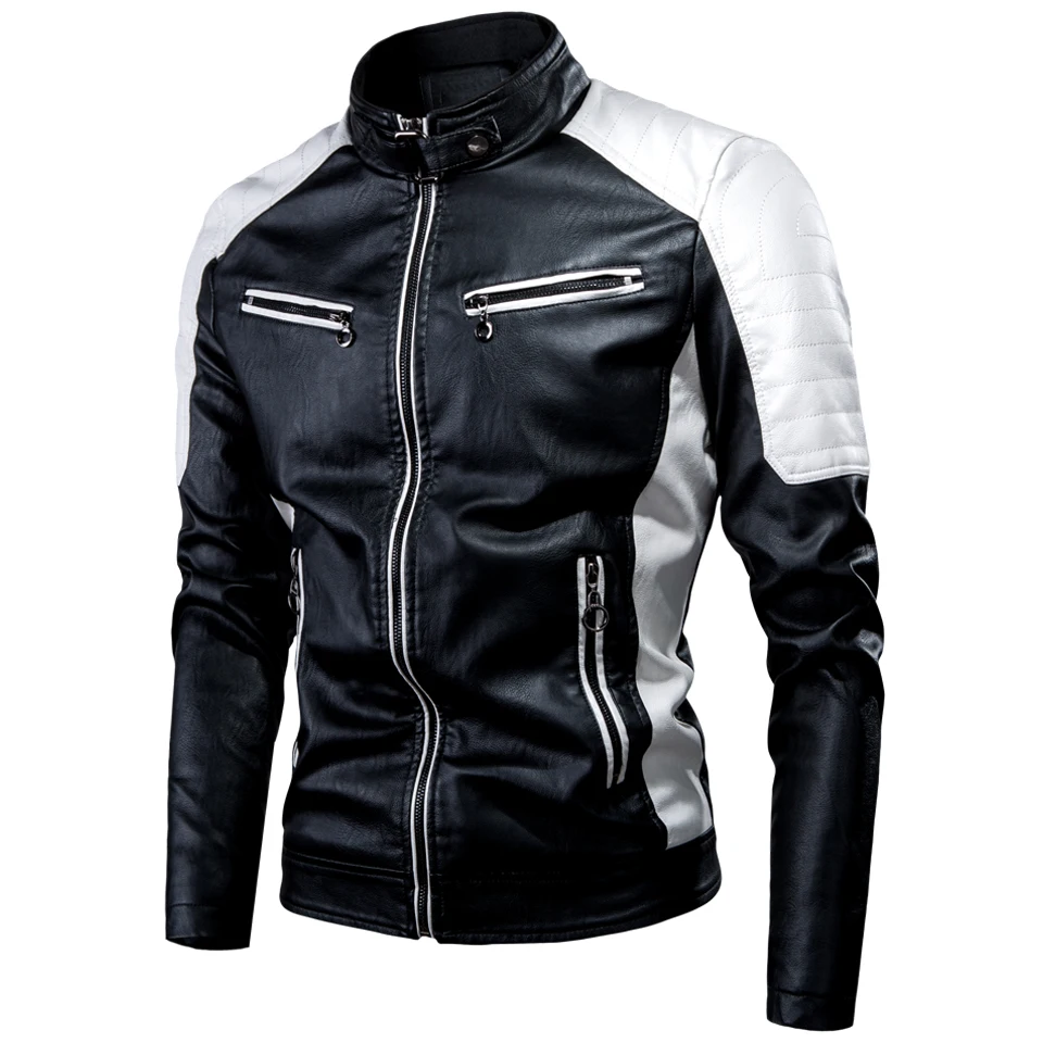 Chaqueta ajustada de cuero PU para hombre, abrigo informal empalmado, ropa de motocicleta, abrigos de motociclista, moda de otoño e invierno