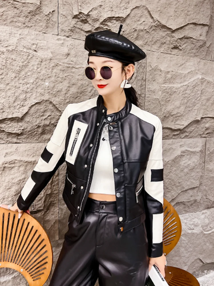 Spring Fashion Women Colors Mixed Real Sheepskin Genuine Leather Jacket Stand Collar Slim Fit Vintage Casual Moto Outwear Coat