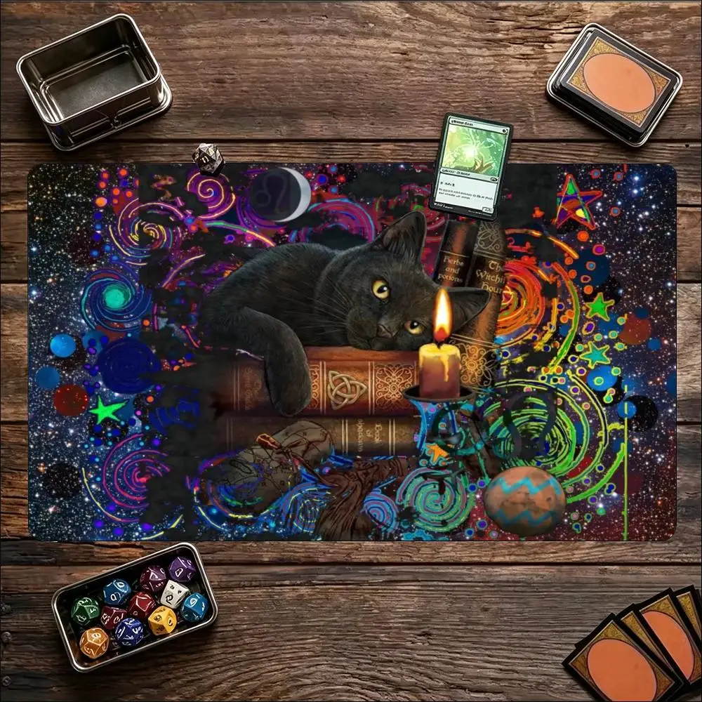 Extra Large Psychedelic Forest Cat TCG Colorful Mushrooms Art Non-Slip Locked Edge Natural Rubber Gamer Card Game Strategypad