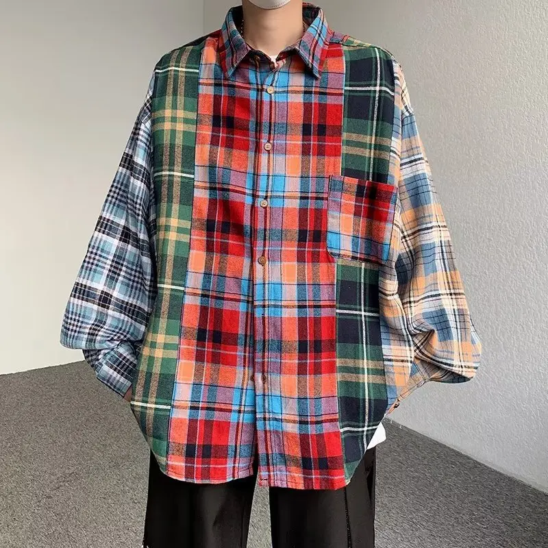 Men Shirt American Street Vintage Patchwork Plaid Shirt Coat Men Fall New Trend Plaid Long-sleeved Shirt Spring and Autumn