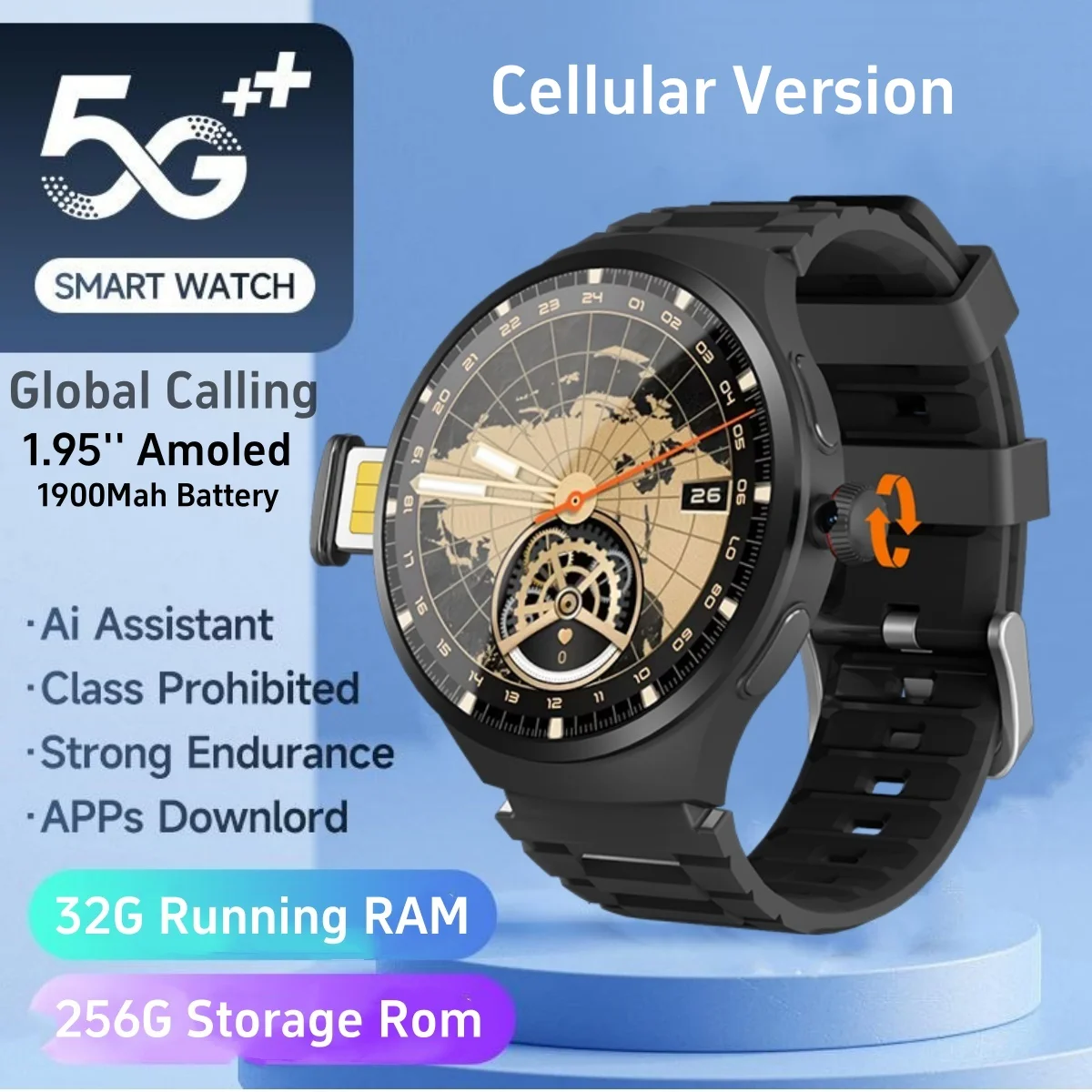 

Смарт-часы 5G Android Smartwatch с 1,75-дюймовым большеэкраном Amoled, аккумулятор 1500 мАч, вращающаяся HD-камера 800 Вт, GPS, приложение WIFI, загрузка