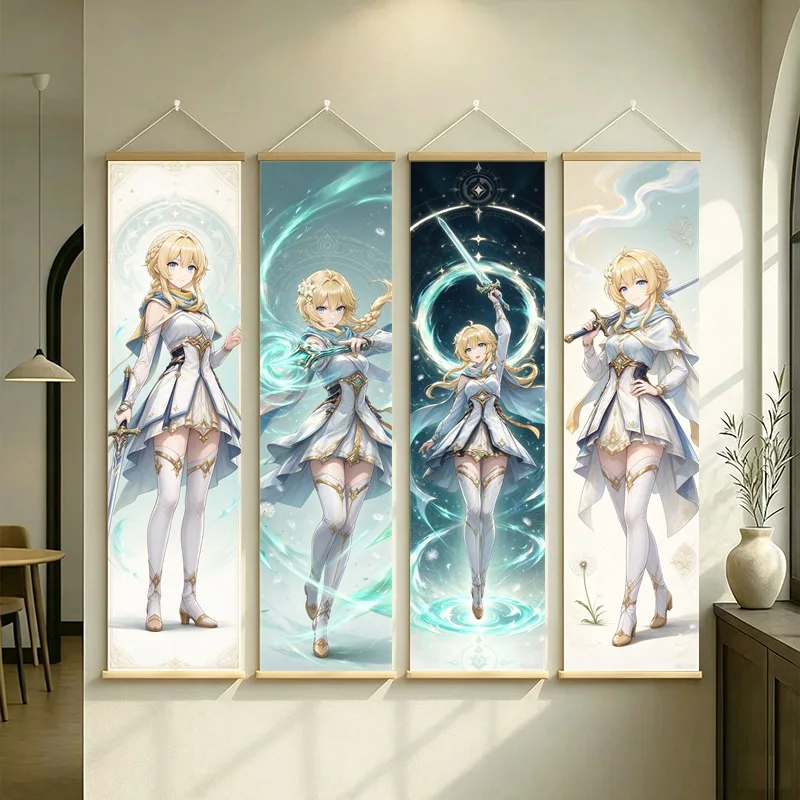 Hanging Scroll Wall Art of Genshin Impact Lumine with Teal Celestial Glow on Silver Shimmer Canvas for an Anime Bedroom
