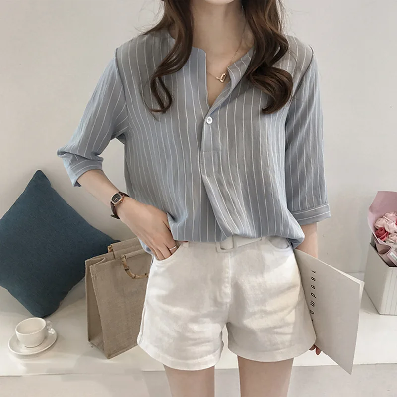 Elegant Stripe Blouses For Women 2024 Fashion V Neck Short Sleeves Office Lady Basic Straight Summer Shirts Casual Holiday Tops