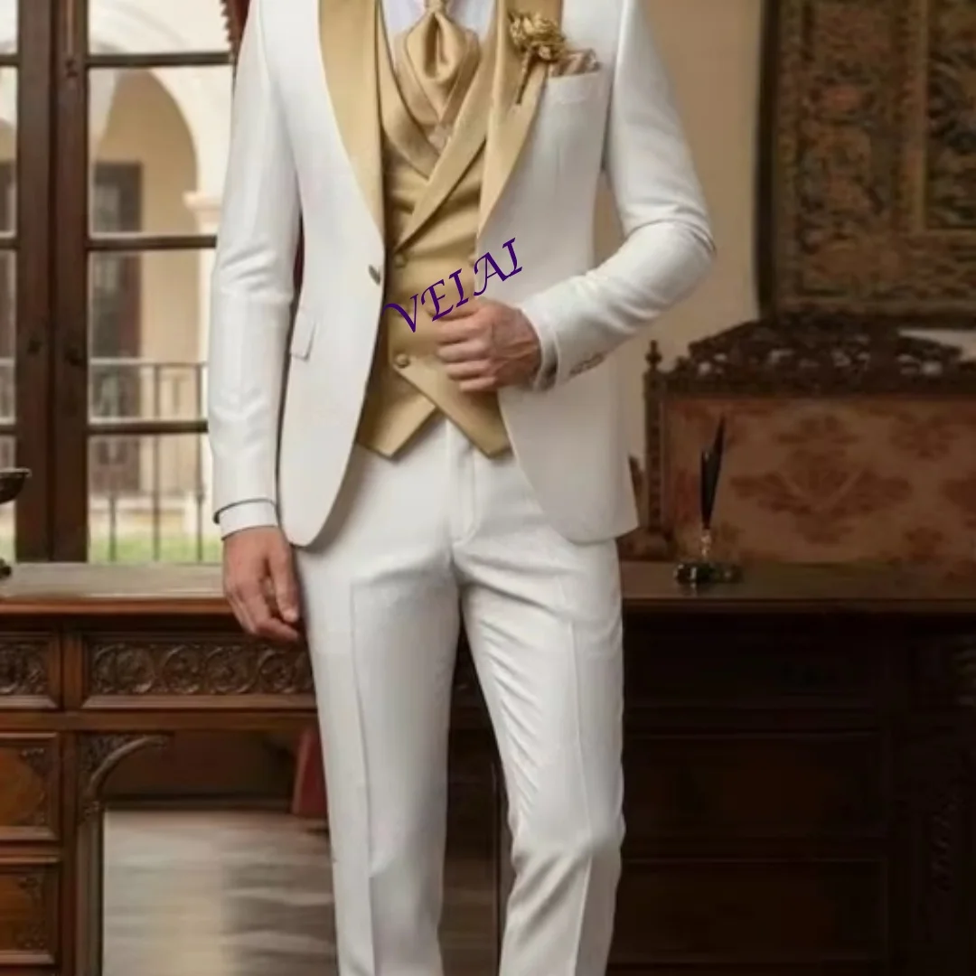 White Gold 3-Piece Men's Formal Tuxedo Suit Set Groom Groomsman Wedding Party Prom Business Blazer Vest Pants