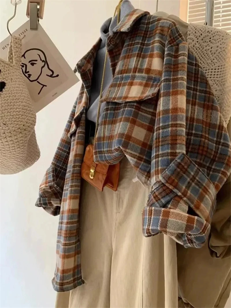 Outerwears Women's Coat Retro Contrast Plaid Shirt Women's Spring Design Sense Niche Overlapping Wear High-grade Shirt Jacket