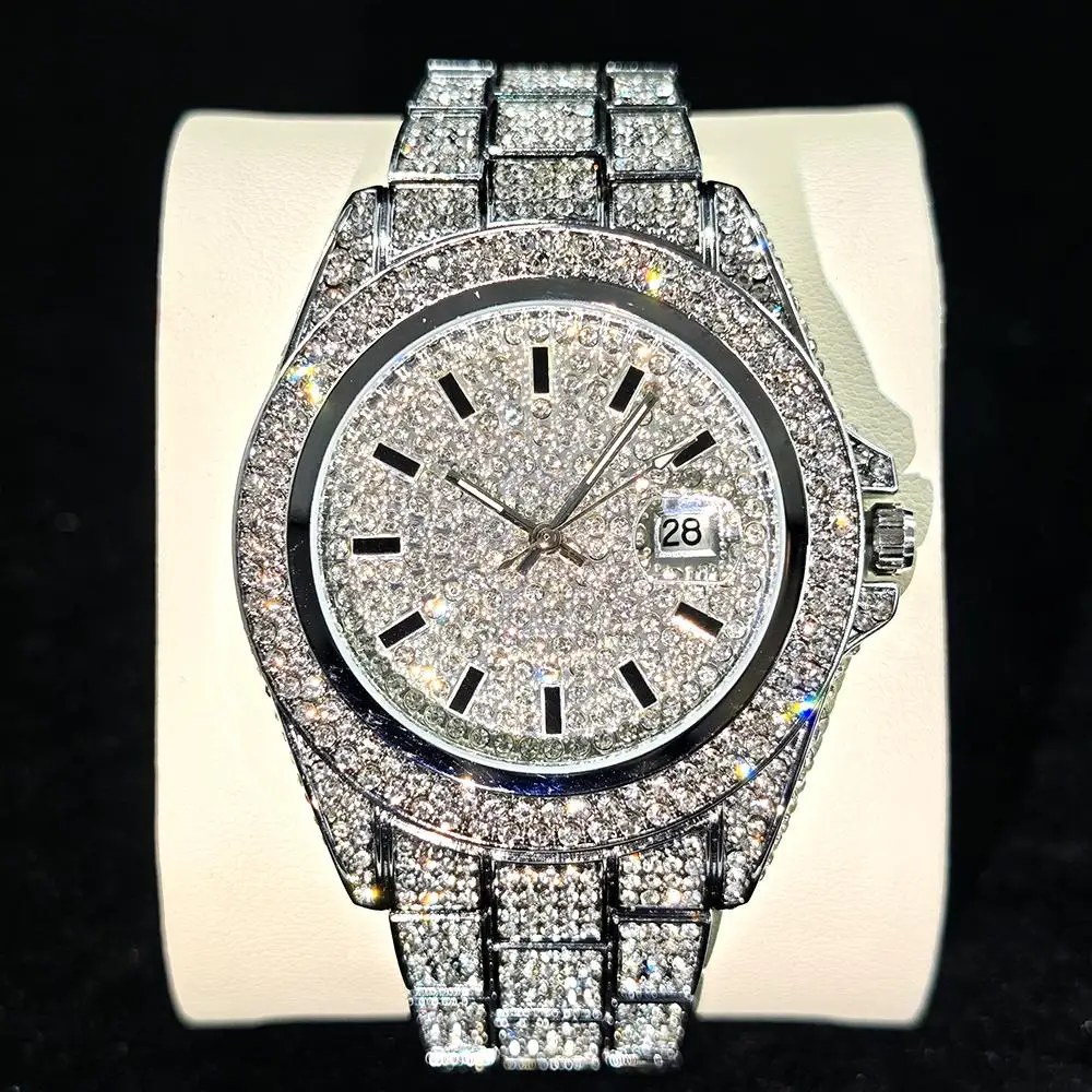 Reloj redondo de hielo a la moda novedosa para hombre, marca UNIGUET, relojes de acero de lujo, reloj de pulsera de cuarzo con diamantes completos de Hip Hop para hombre, triangulación de envíos