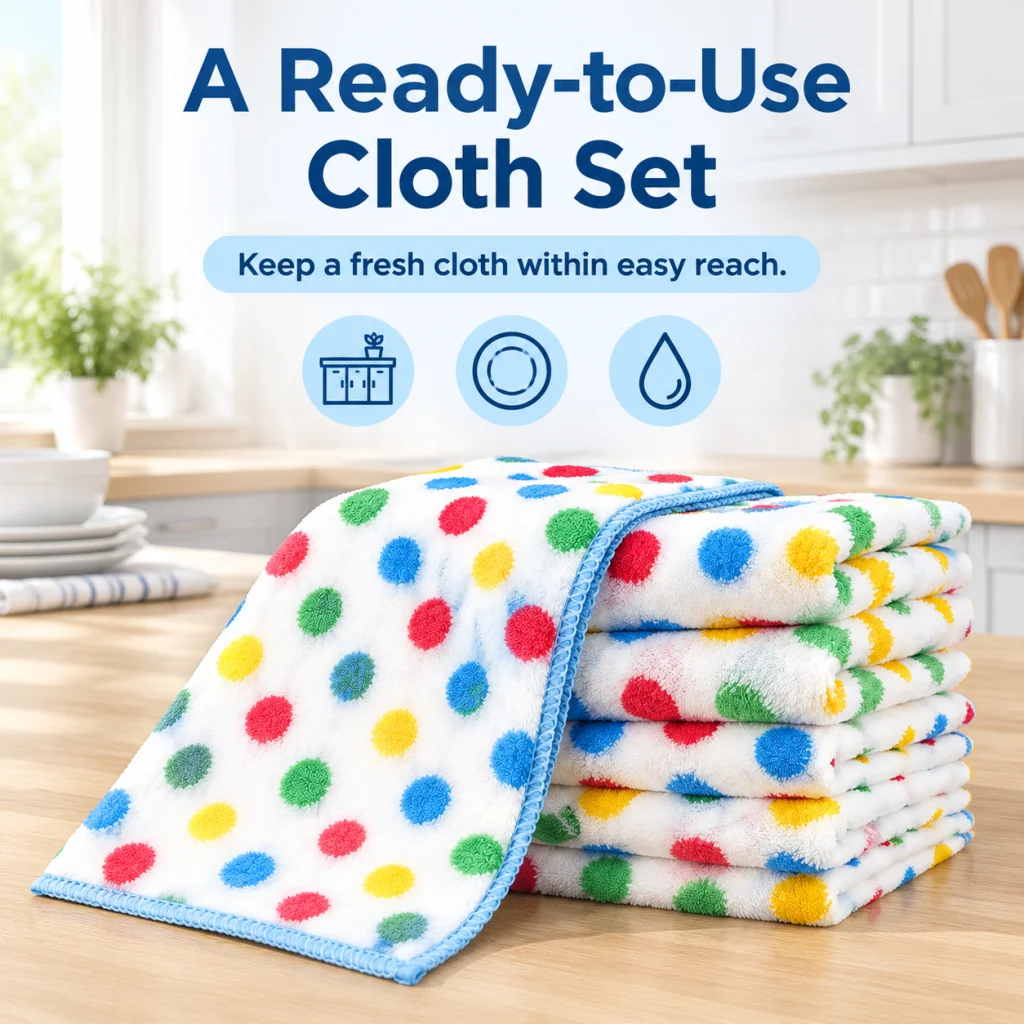 5pcs Colorful Polka Dot Kitchen Cleaning Cloths Coral Fleece Reusable Dish Towels Soft Absorbent Rags for Table Countertop Washi