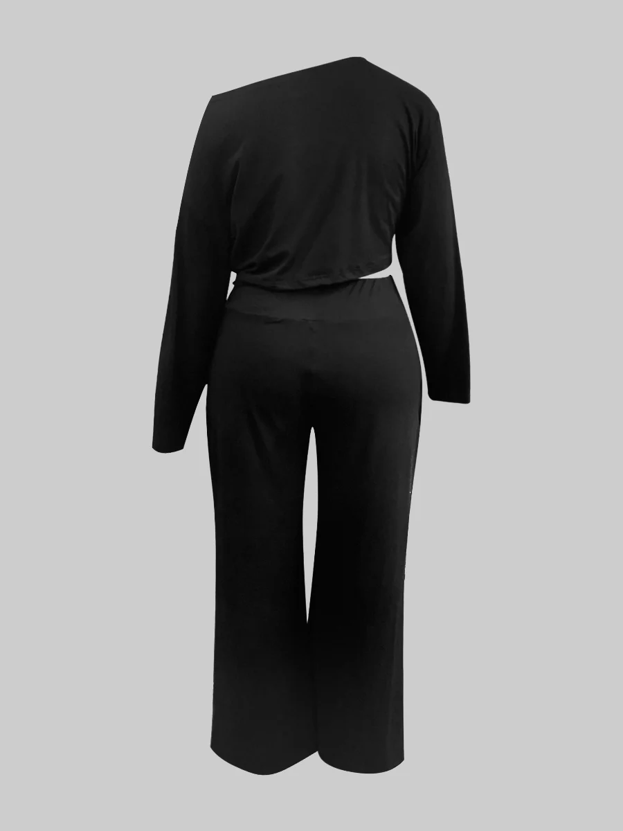 LW Plus Size Women 2 Pieces Set One Shoulder High Split Wide Leg Pants Set Elegant Tracksuit Crop Top + Leg Pant Casual Tracksui
