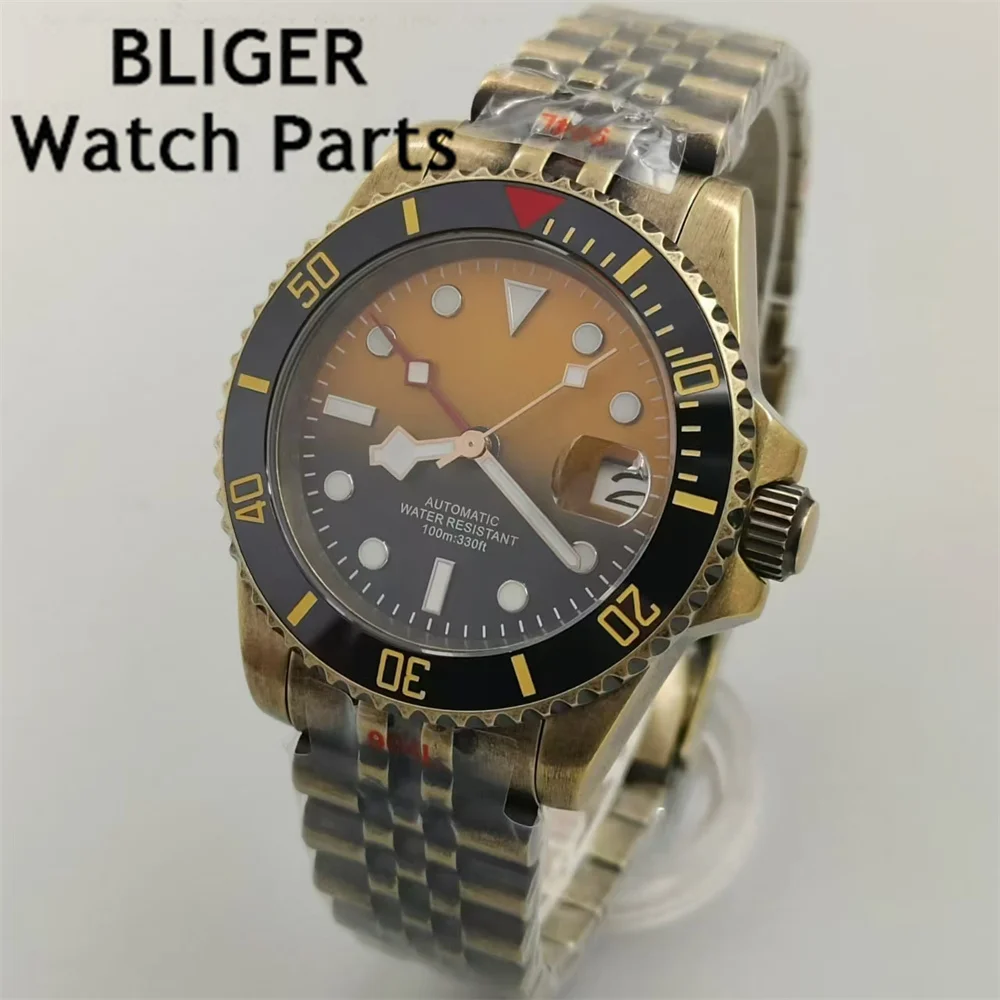 BLIGER 40mm NH34A Bronze Men's Automatic Watch GMT Function Black Yellow Dial Sapphire Glass Stainless steel Case Green Luminous