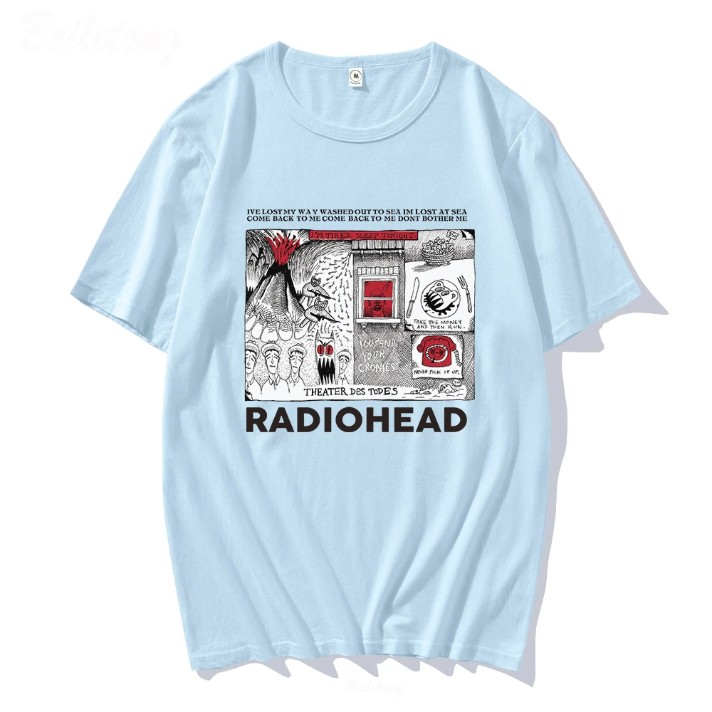 Radiohead T Shirt Vintage Hip Hop Rock Band T-shirts Unisex Music Fans Funny Prints Men\'s Short Sleeve 100% Cotton Harajuku Tees