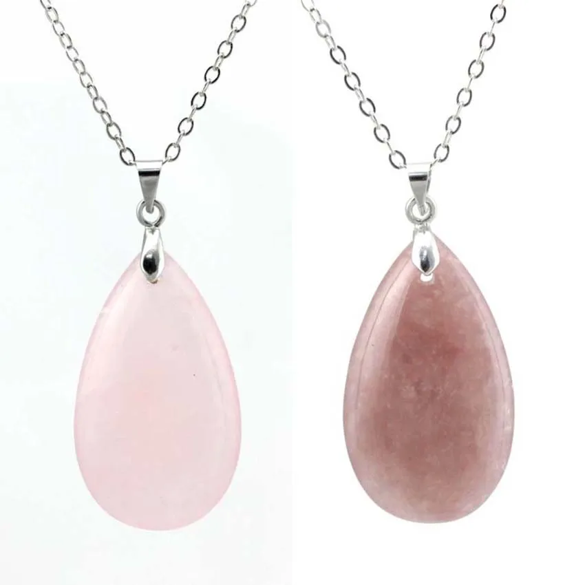 Natural Crystal Water Drop Pendant Rose Quartz Amethyst Teardrop Lapis Lazuli Stone Pendant Chain Necklace For Women Girls Men