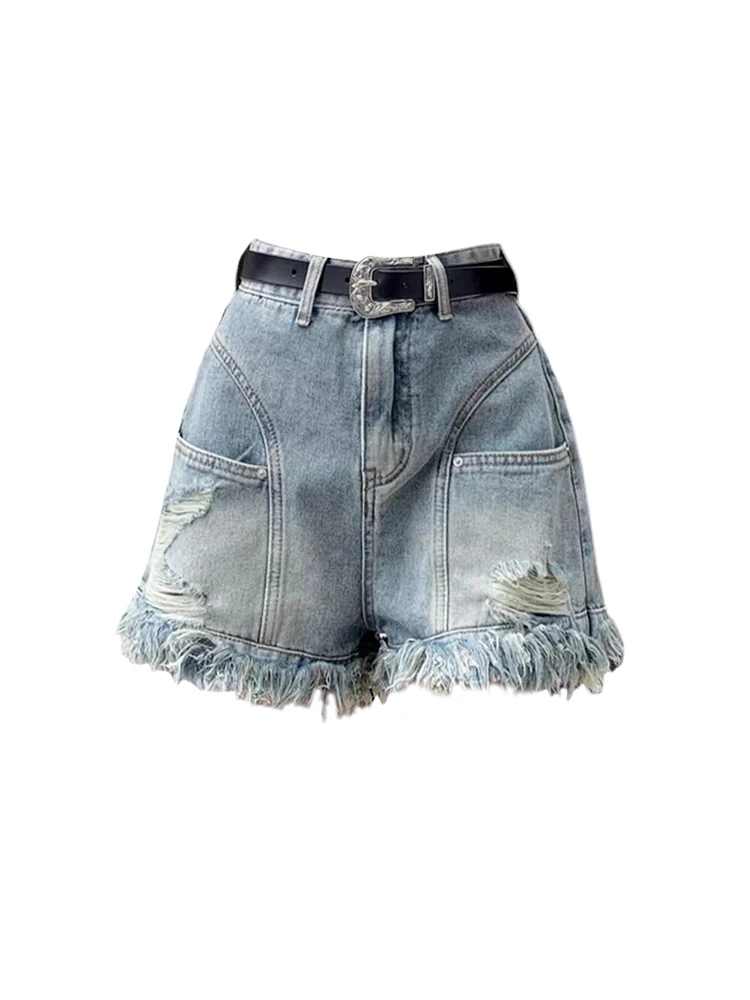 Women's Oversize Denim Shorts Vintage Harajuku Y2k Mini Ripped Jeans Shorts Streetwear Tassel Cowboy Short Pants 2000s Clothes