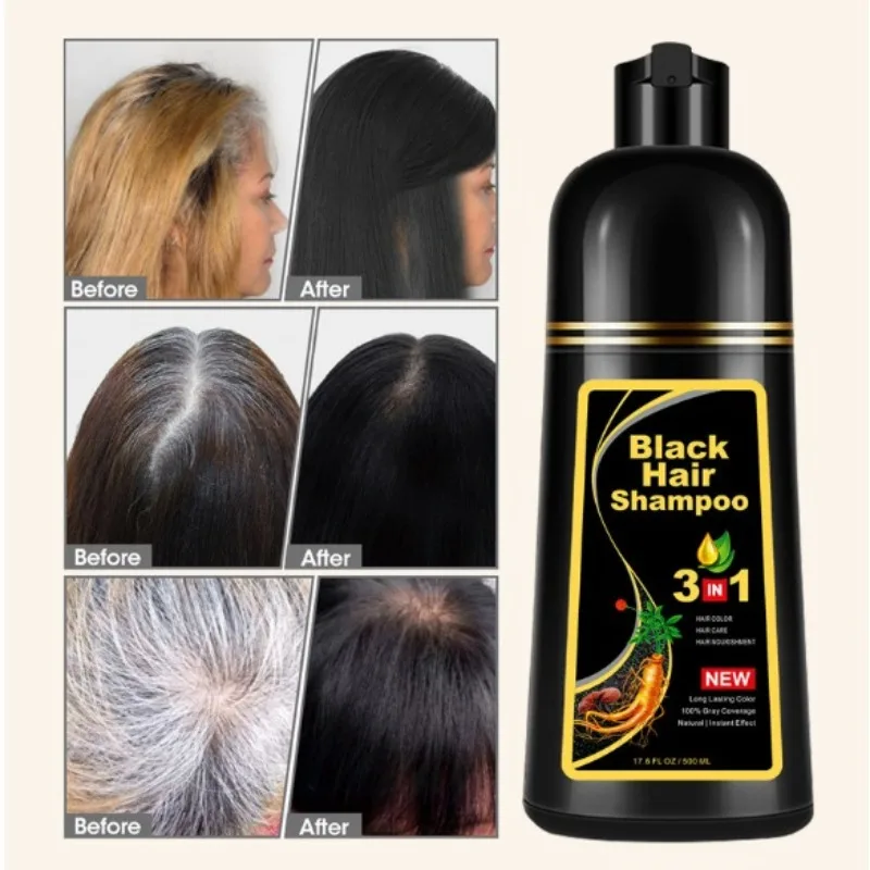 500ml Black Hair Color Dye Hair Shampoo Cream Organic Permanent Covers White Gray Shiny Natural Ginger Essence For Women