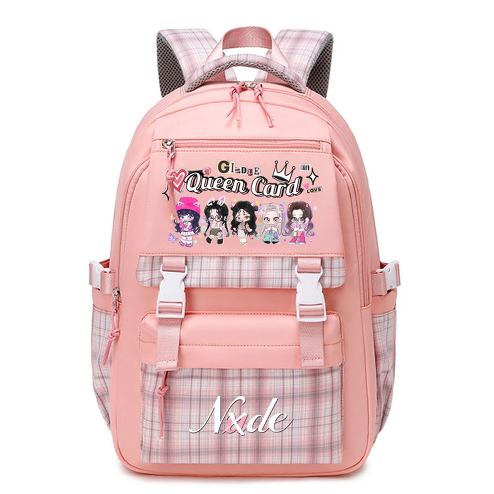 I-DLE-Mochila de gran capacidad para ordenador portátil, morral escolar con diseño de cuadrícula, suministros para estudiantes, Minnie, I lOVE