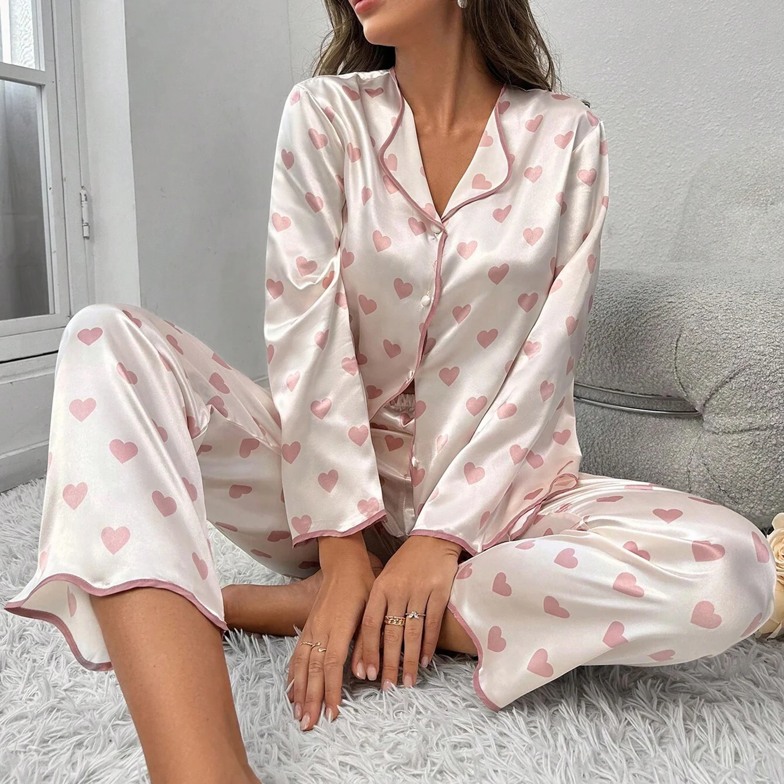 Womens Spring Satin Heart Print Pajamas Pyjamas Set Sleepwear Pijama Pajamas Suit Female Home Two Piece Set Women\'s Loungewear