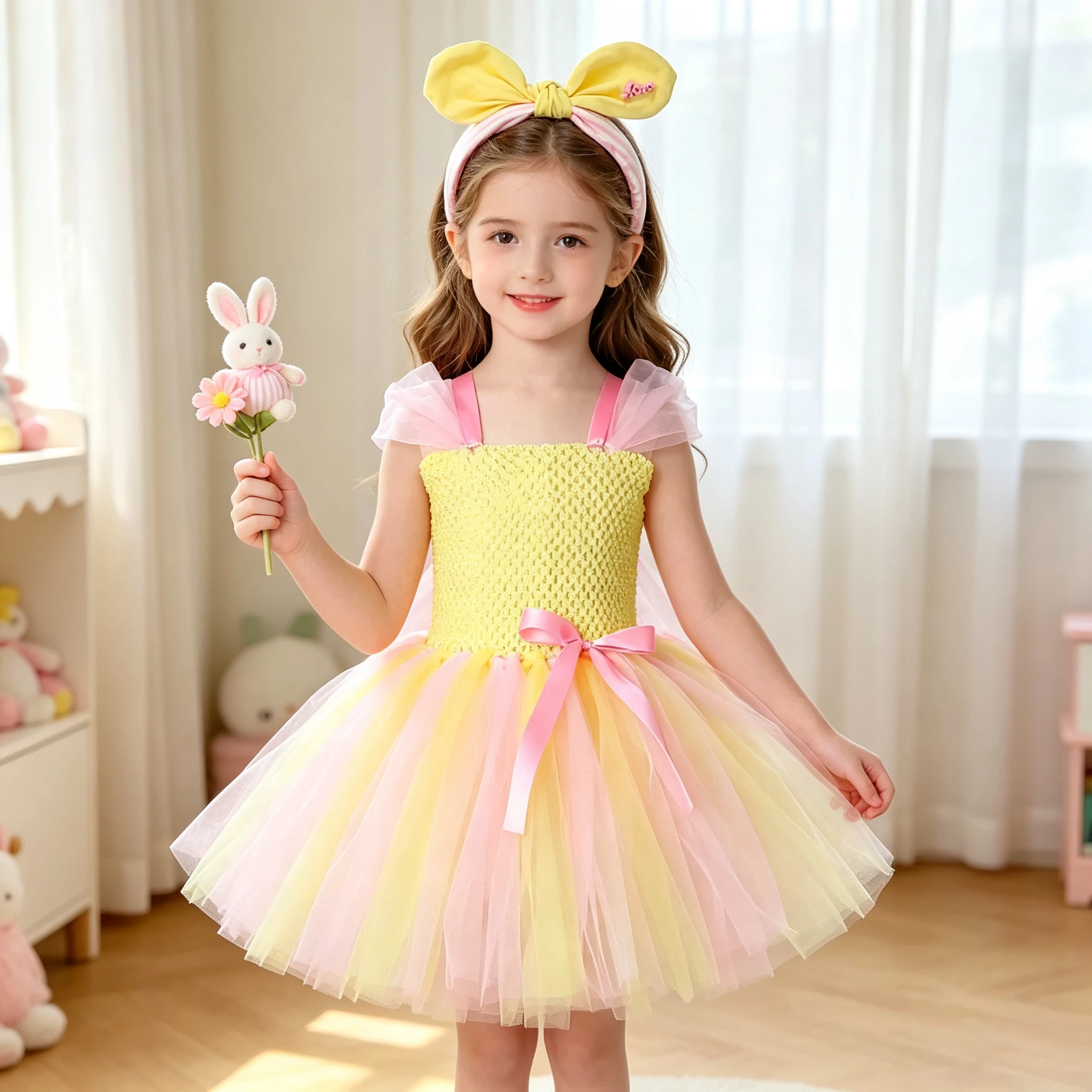 Halloween Christmas Chirldren Yellow Pink TuTu Dress Baby Girls Festive Birthday Party Outfit with Hairband  Mesh Layered Gown
