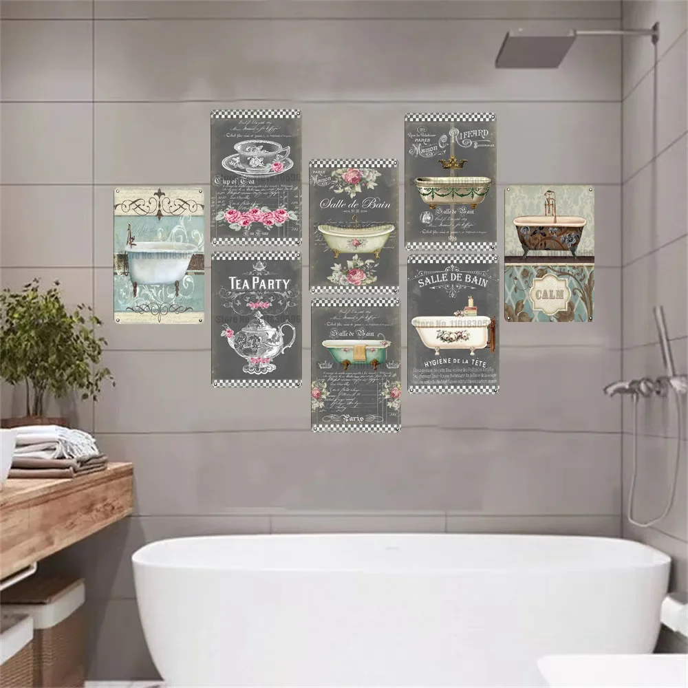 Retro Bathroom Bathtub Toiletries Metal Poster Bathroom Plaque Metal Plates Wall Art Posters Decoration Toilet Iron Paintings