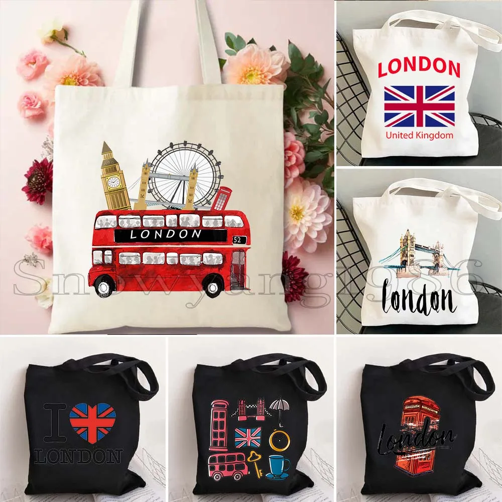 

London England Flag Map Travel Tourist Gifts United Kingdom Bus Big Ben Bridge Phone Booth Landmark Canvas Tote Bag Cute Handbag