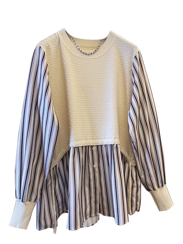 Uniek ontwerp plus maat gebreid gestreept lang Sve irt dames losse pasvorm Patcher nep tweedelige Sle herfstcollectie