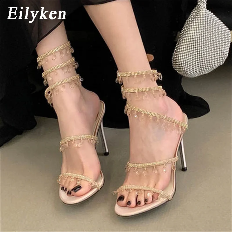 Eilyken Summer Street Style Sexy Open Toe Thin Heels Sandals Women Butterfly Knot CRYSTAL Ankle Strap Stripper Shoes