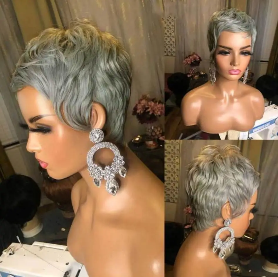 Gray Synthetic Short Pixie Wigs for Black Women Curly Hairstyle Mixed Gray Hair Wig Cosplay Haircuts