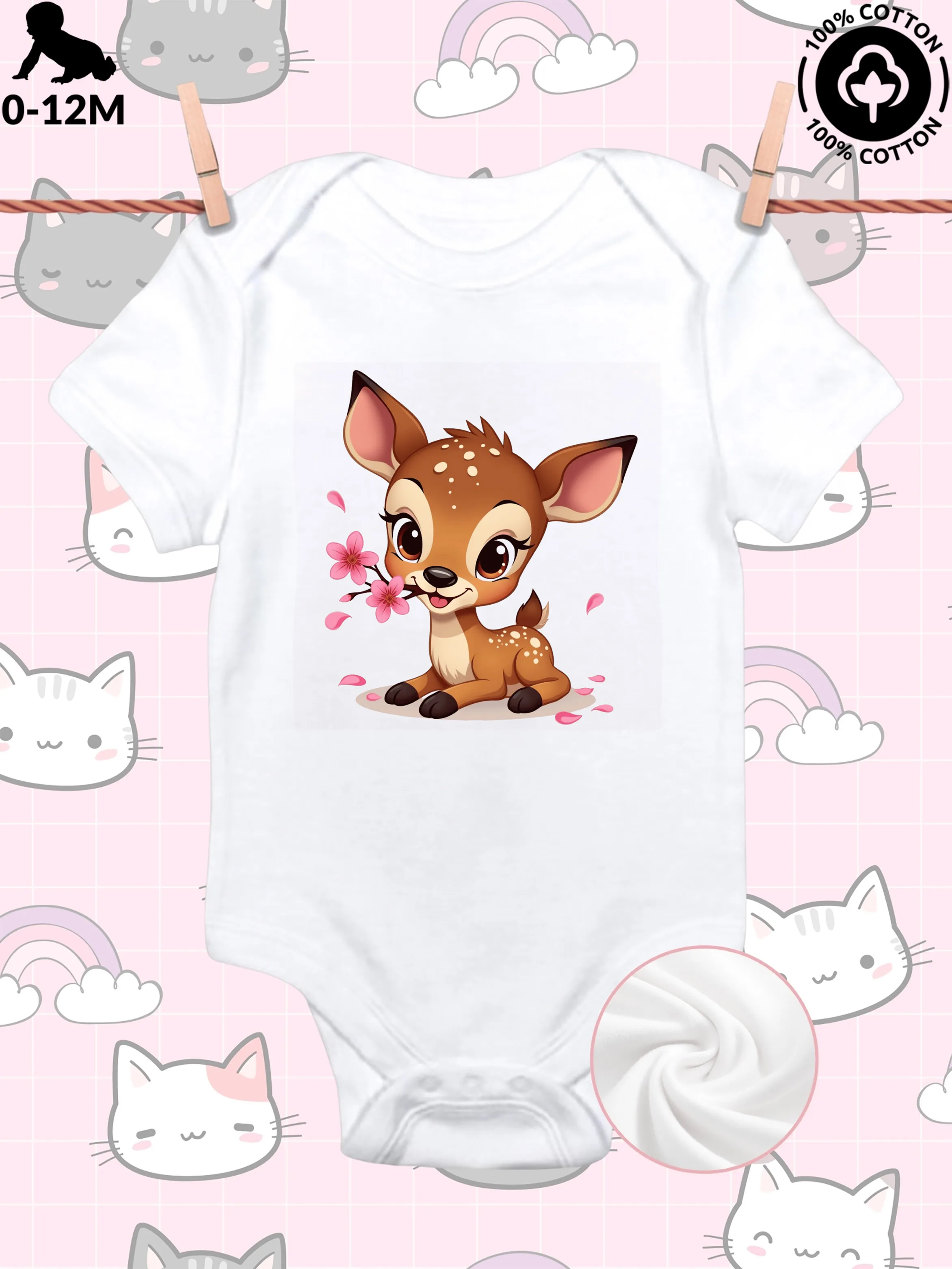 

Детский комбинезон унисекс с изображением оленя, держащего цветок в роте, из чистого хлопка, мягкий, всесезонный, белый, 190 г/м²