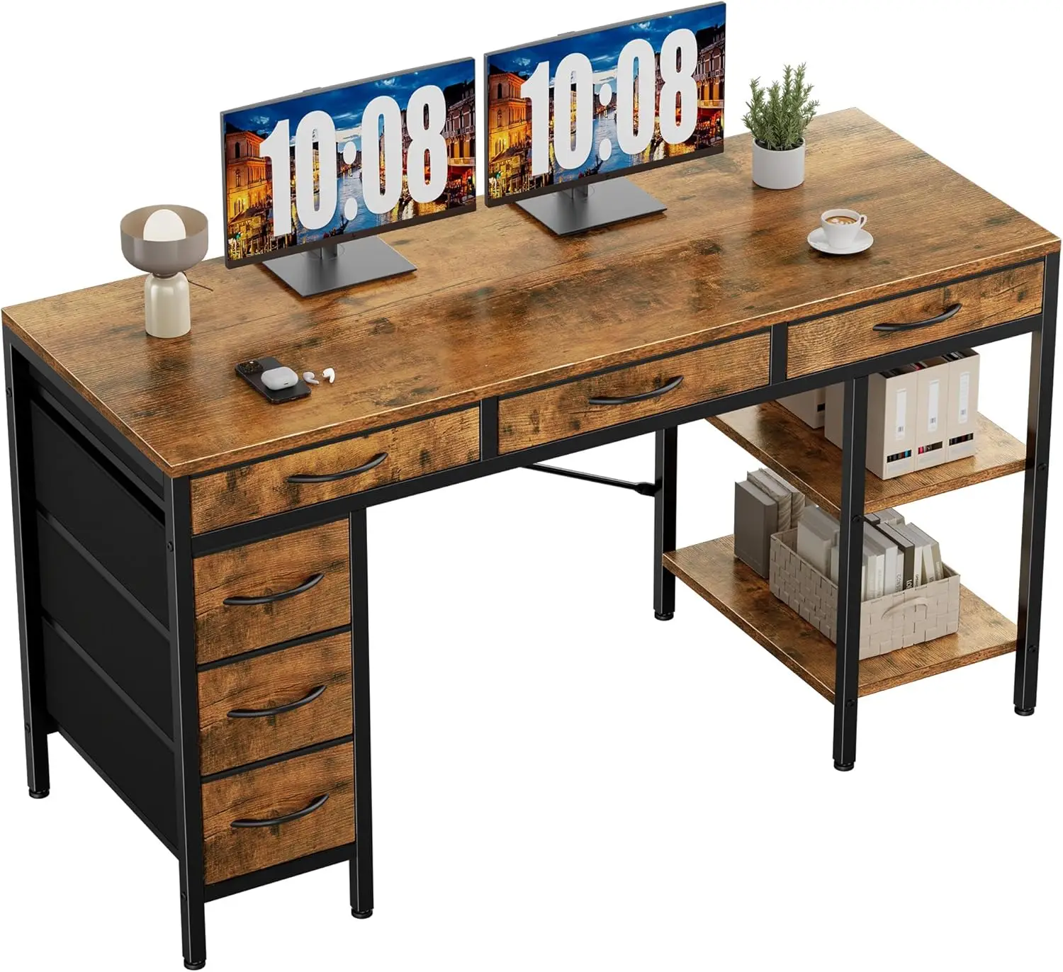 

Компьютерный стол 55 дюймов в деревенском стиле, коричневый, с 6 ящиками и полками для хранения, для домашнего офиса, игровой комнаты, кабинета, гостиной