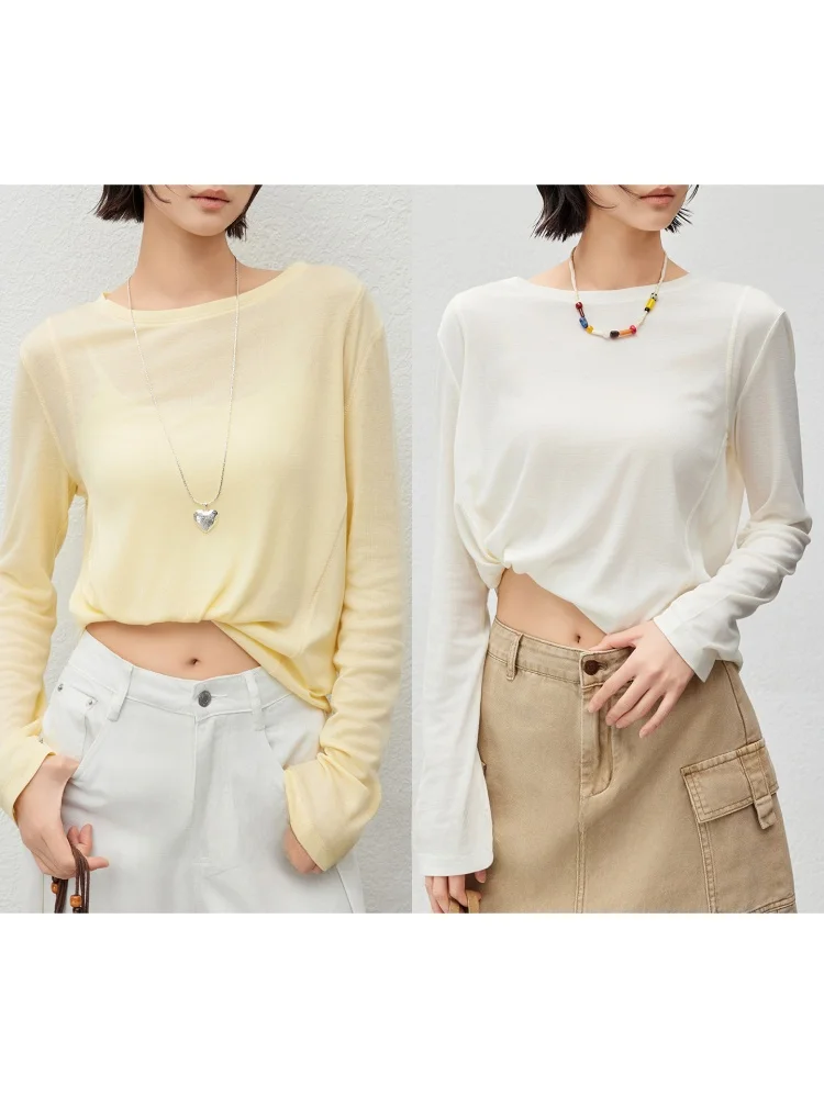 

Легкая дрейфующая шелковая футболка MeiYang Long Sve, повседневная свободная посадка, классический узор, круглый летний топ длиной Ne ort