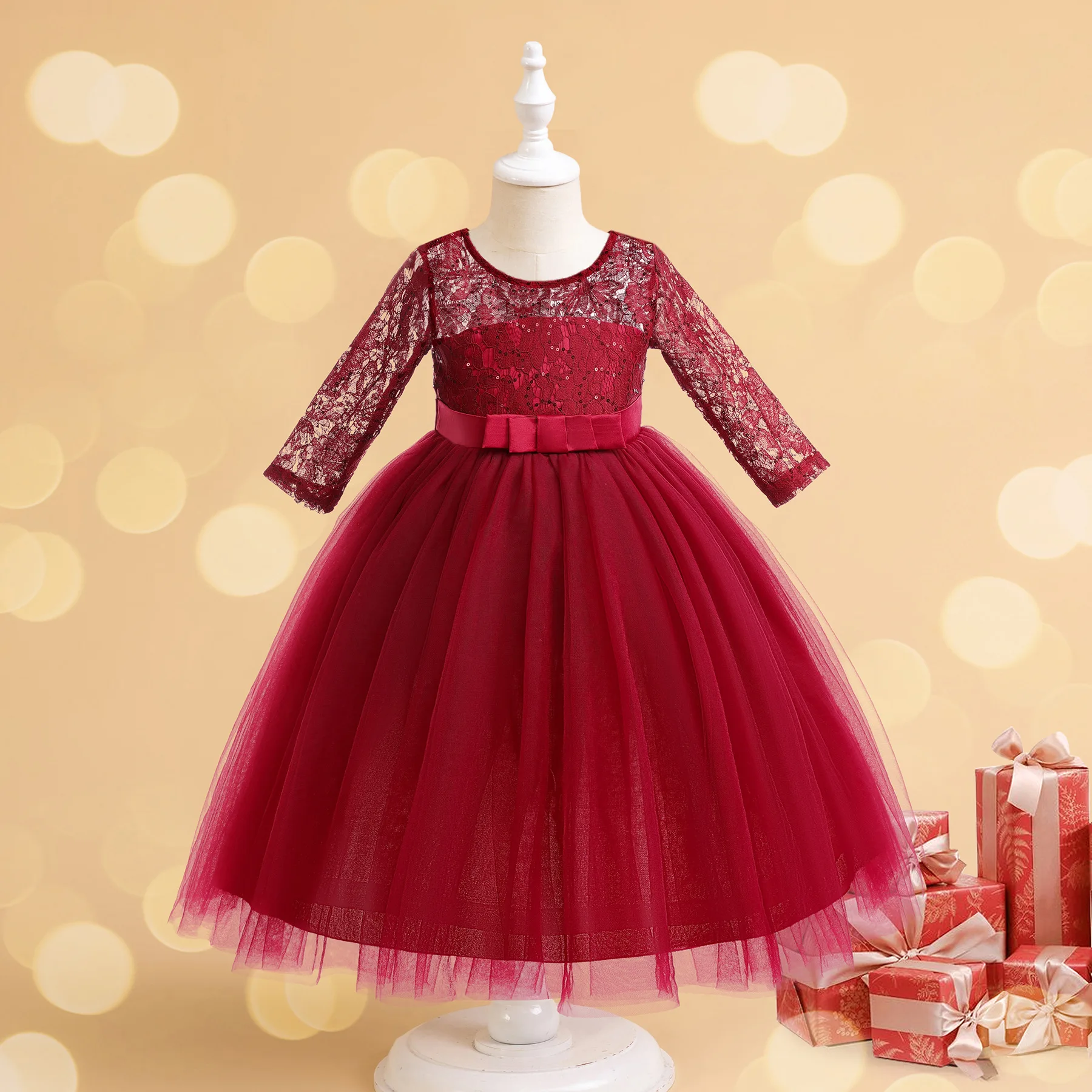 HETISO Kids Girls Princess Dress Hollow Lace Christmas Halloween Fancy Party Gown Long Sleeve Red Tulle for 6 8 10 12 Years