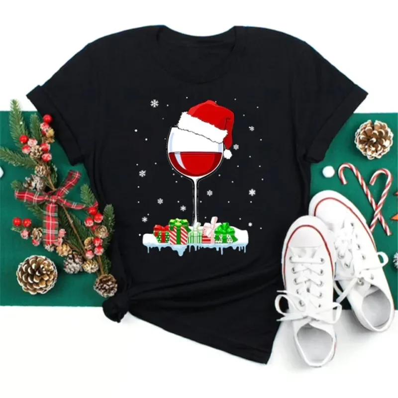 Christmas Wine Glass Print Women's T-Shirts Cartoon Elk Pattern Short Sleeve Tops Casual O-neck Pullover Fashion X'mas Clothing