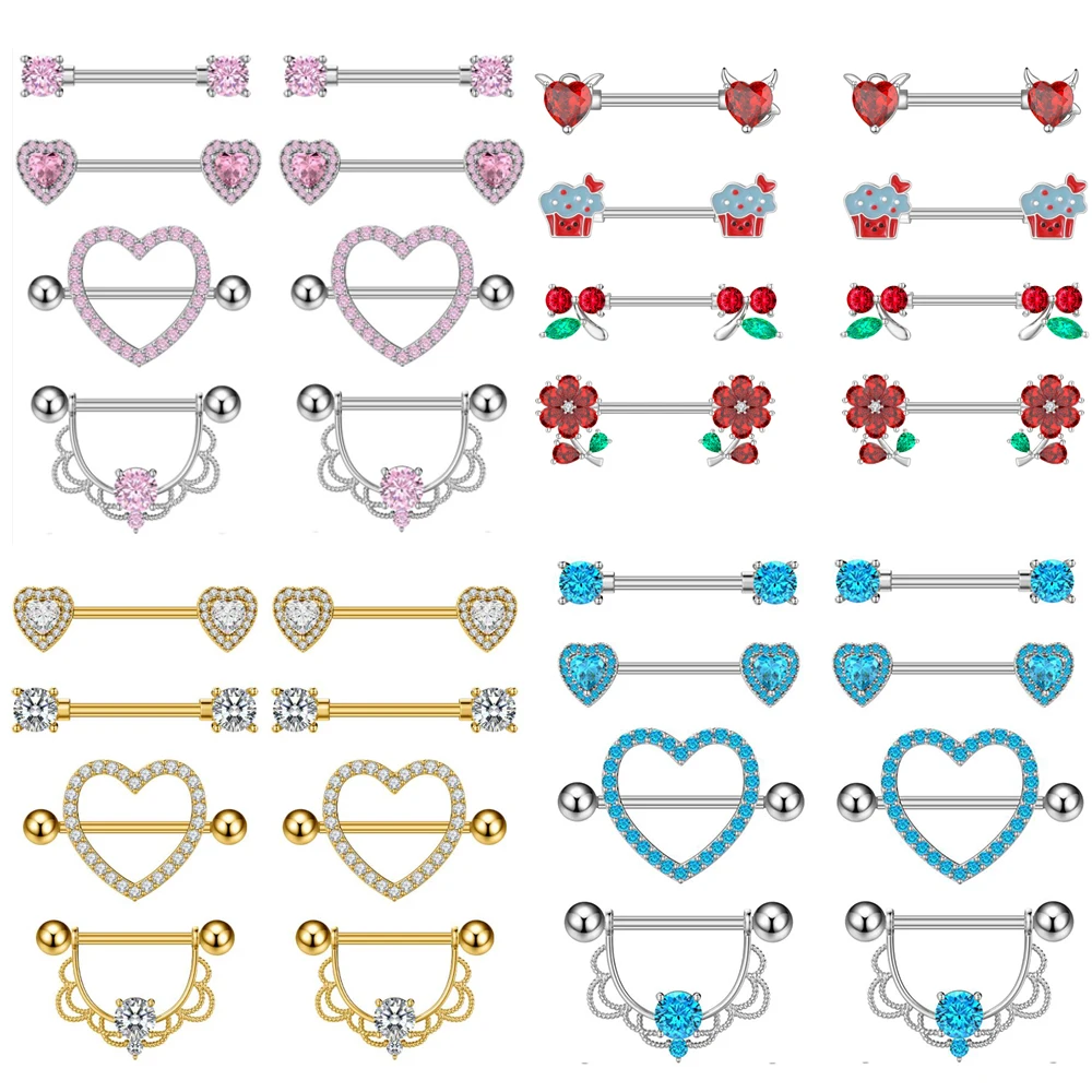 Stainless Steel Heart Flower Nipple Piercing Set Red Cherry Cake Nipple Jewelry Bulk Crystal Nipple Shield Cover Barbell Rings